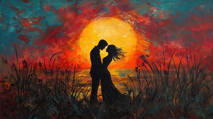 Fototapeta premium Silhouettes of a couple embracing against a vibrant sunset, capturing a moment of connection and warmth.