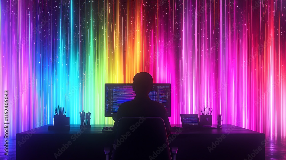 Poster Silhouetted Programmer Working Before Colorful Lights