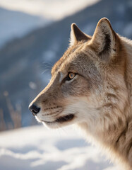 portrait of wild animals in snow, like tigers, lynxes, and wolves.