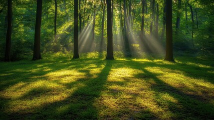 Obraz premium Soft rays of sunlight filtering through trees, casting intricate shadows on a serene forest floor.