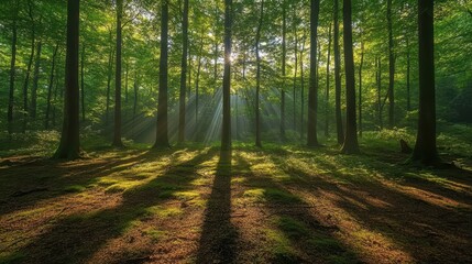 Obraz premium Soft rays of sunlight filtering through trees, casting intricate shadows on a serene forest floor.