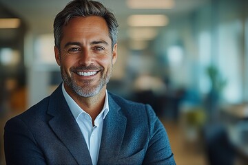 Fototapeta premium Confident businessman smiling in modern office, showcasing profe