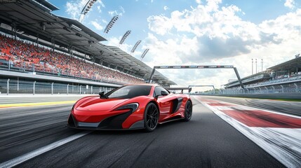 Obraz premium A red supercar parked on a racetrack, ready for a race, with the finish line and cheering stands visible