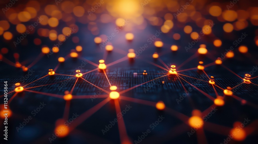 Poster bitcoin symbol connected to network of nodes on dark tech background cryptocurrency blockchain trans