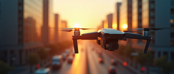 Drone Hovering Over City Skyline at Golden Sunset