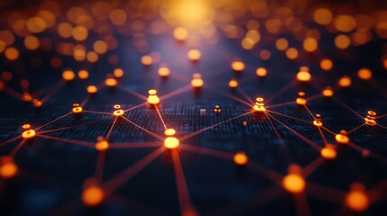 bitcoin symbol connected to network of nodes on dark tech background cryptocurrency blockchain transactions finance decentralization digital assets