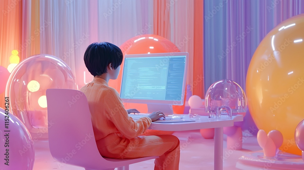 Aufkleber young programmer codes in a pastel futuristic room