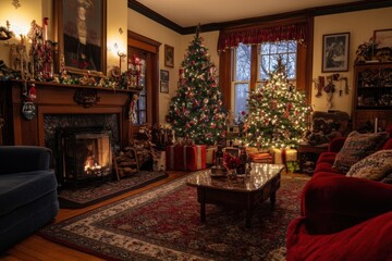 a cozy living room with christmas decorations