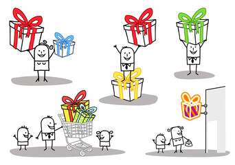 Set of five illustrations - Hand drawn cartoon stick characters shopping and offering big Gifts with ribbons, for all events and celebrations -