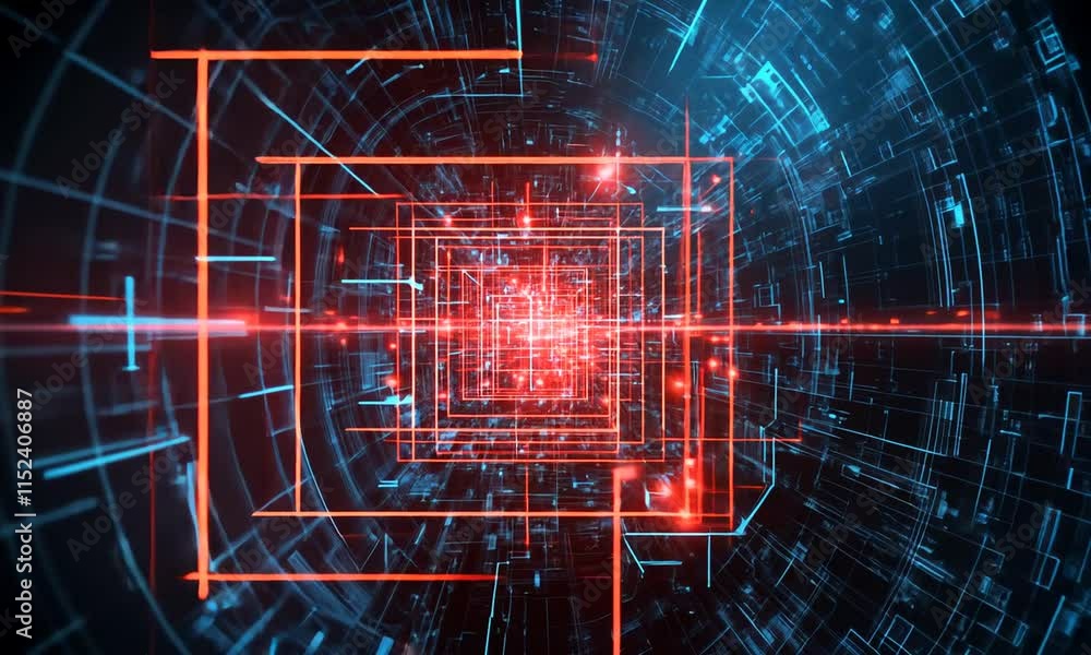 Poster abstract digital tunnel of red and blue light: futuristic cyberspace network visualization