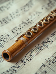 Elegant wooden flute resting on musical sheet notes