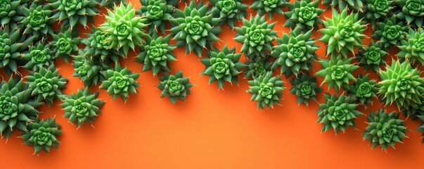 Top view minimalistic composition of green spiky cactus branches scattered on bright orange background