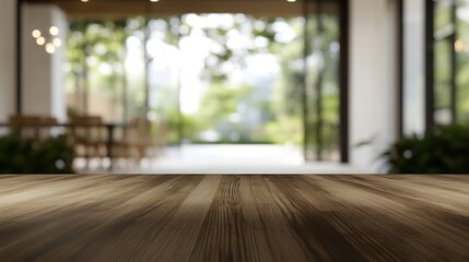 Wooden Tabletop with Blurred Background of a Modern House with Garden View