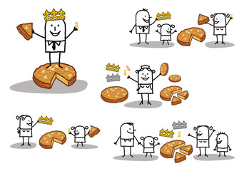 Set of five illustrations - Hand drawn cartoon stick characters celebrating  the Three Kings day with Epiphany cakes, crowns and beans -
