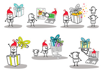 Set of six illustrations - Hand drawn cartoon stick characters shopping and offering big Gifts with ribbons, for Christmas time -