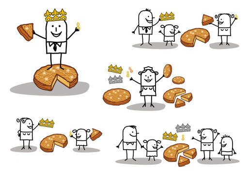 Set of five illustrations - Hand drawn cartoon stick characters celebrating  the Three Kings day with Epiphany cakes, crowns and beans -