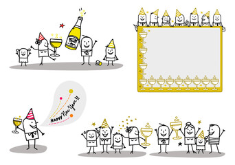 Set of four illustrations - Hand drawn cartoon stick characters celebrating New Year's Eve with champagne and funny hats