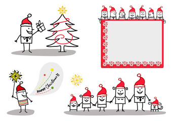 Set of four illustrations - Hand drawn cartoon stick characters celebrating Christmas with Santa red hats, Christmas tree and golden stars -