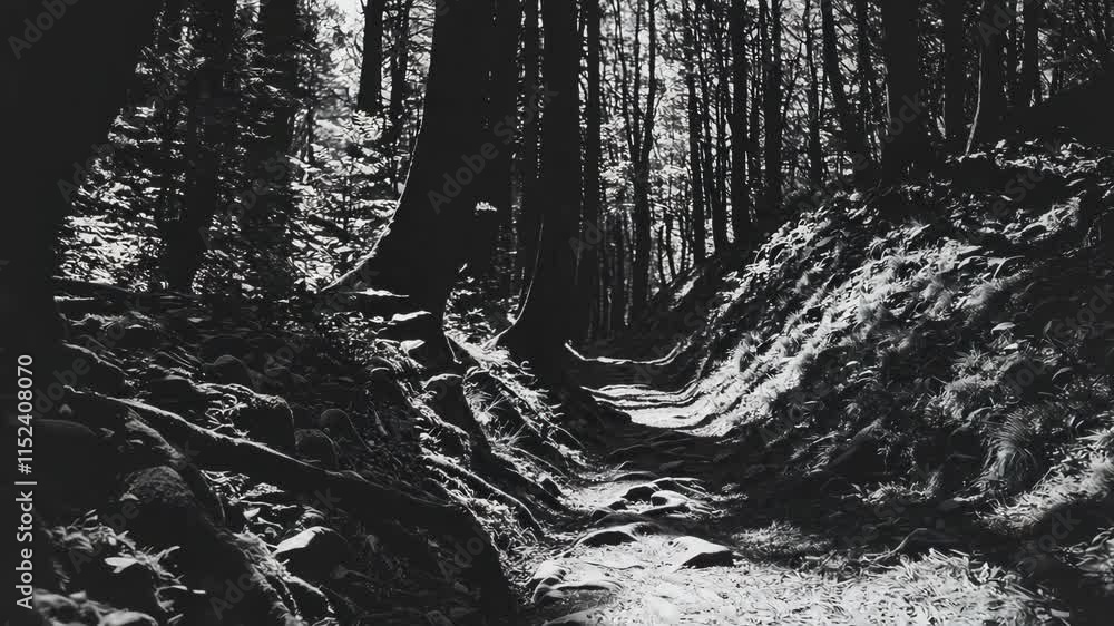 Poster dramatic black and white forest path surrounded by tall trees and intricate roots, creating a moody 