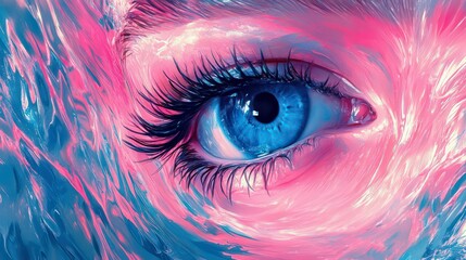 Close-up of a vibrant blue eye surrounded by pink and blue abstract swirls.