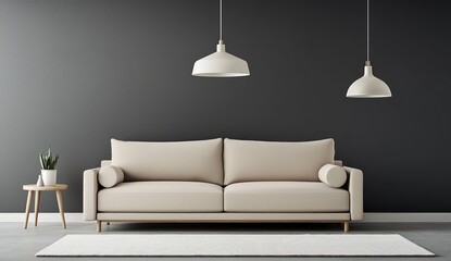 Minimalist living room with a soft beige sofa white rug and a sleek pendant light hanging against a charcoal gray