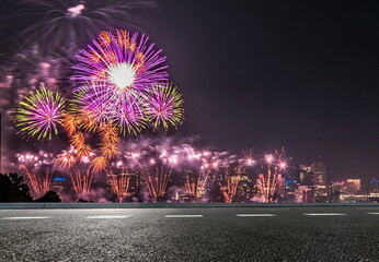 Obraz premium celebration night city building holiday firework happy new year landscape road 