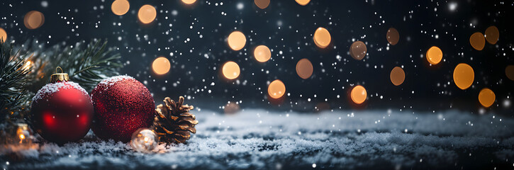 New Year's decor with fir branches decorated with bright balls, shiny elements and pine cones. dark bokeh background. New Year's atmosphere. AI generated