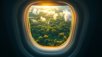 Fototapeta premium Sunrise over lush green rainforest viewed from airplane window.