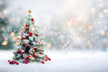 Obraz premium Christmas tree decorated with New Year's decorations. stands in a snowy forest. the white background is blurred with a bokeh effect creating a fabulous atmosphere. New Year