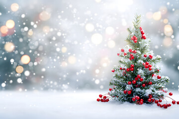 Christmas tree decorated with New Year's decorations. stands in a snowy forest. the white background is blurred with a bokeh effect creating a fabulous atmosphere. New Year