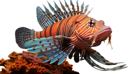 Striped lionfish gliding through the reef, a striking species found in tropical oceans and coral ecosystems, studio view, isolated on transparent background.