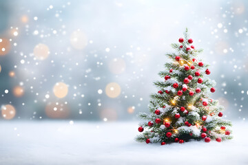 Obraz premium Christmas tree decorated with New Year's decorations. stands in a snowy forest. the white background is blurred with a bokeh effect creating a fabulous atmosphere. New Year
