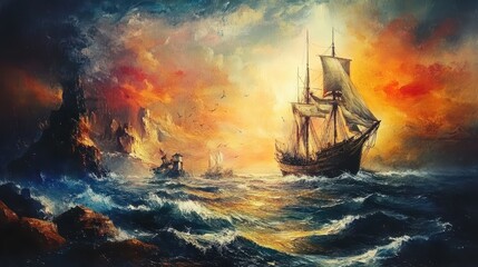 Fisherman, ships,sea landscape,oil paintings