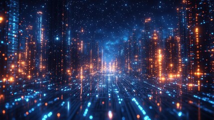 Fototapeta premium Futuristic cityscape with glowing architecture, connected by luminous pathways, surrounded by stars.