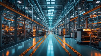 Futuristic warehouse interior filled with automated systems, showcasing advanced technology in action.