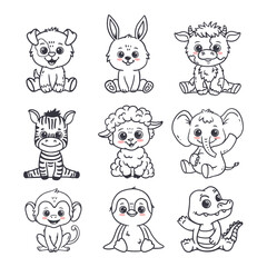 Set of cartoon cute animals including puppy, dog, penguin, monkey, zebra, crocodile, sheep, cow and elephant, bunny, rabbit. Jungle and forest animals for magazines, postcards. Vector illustration