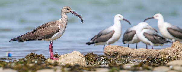 Obraz premium Grey headed Gulls and Scared Ibis gathered on the shoreline