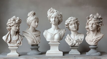 Obraz premium Gypsum busts and statues of different sizes.