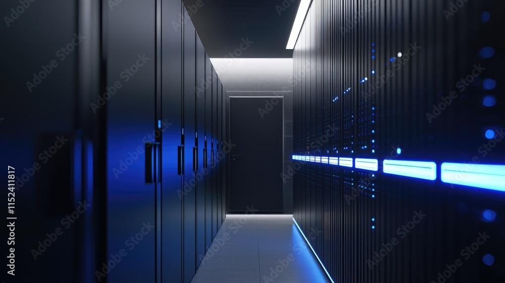 Poster dark corridor in a data center with illuminated server racks
