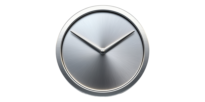 Round silver wall clock with minimalist design isolated on transparent background