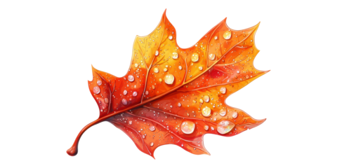Orange autumn leaf with water droplets isolated on transparent background