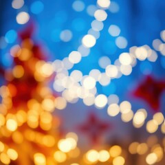 Fototapeta premium Blurred Christmas lights, bokeh effect, warm golden glow, blue background, festive atmosphere, soft focus, holiday decorations, twinkling lights, out of focus, dreamy ambiance, magical evening, string
