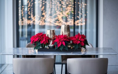 Elegant Festive Vibes, Festive poinsettias centerpiece on marble dining table with blurred holiday lights background.