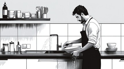housekeeper Man Washing The Dishes on minimalistic kitchen.