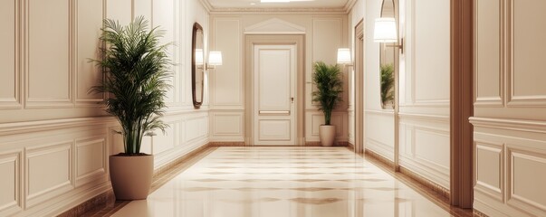 Hotel room entrance. Corridor with large mirror. Door area lobby.