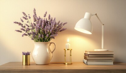 Photorealistic image of a ceramic vase with fresh lavender flowers and a white desk lamp casting a soft glow on