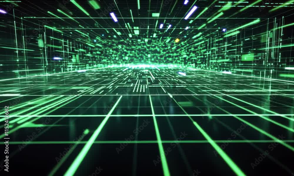 Poster digital data stream abstract green network tunnel perspective high tech futuristic background