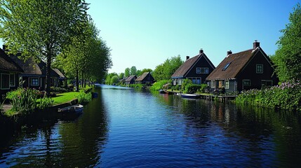 Obraz premium giethoorn canals with thatched-roof houses in spring