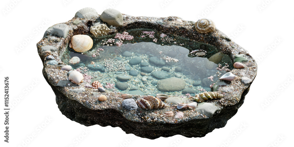 Poster natural rock pool with shells and stones isolated on transparent background