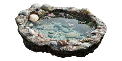 Natural rock pool with shells and stones isolated on transparent background